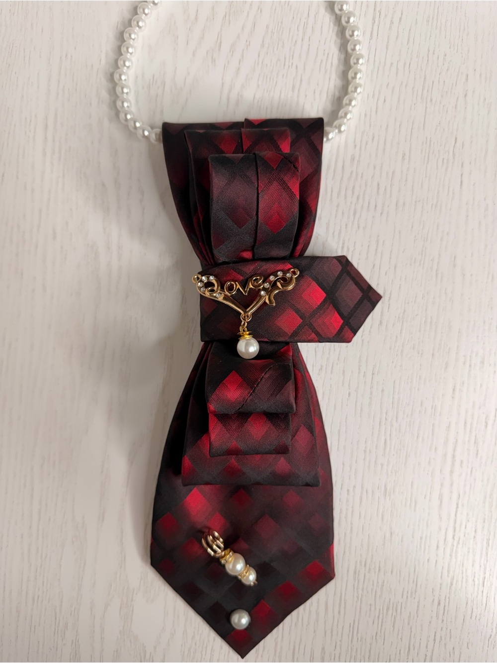 Pearl-Accent Red & Black Plaid Bow Necklace